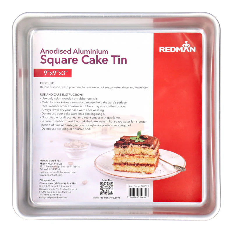 square cake tin alum anodized 9x9x3" (#106525)